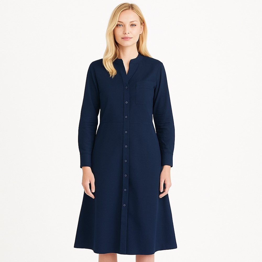 Alex Mill Collarless Long Sleeve Midi Cotton Shirt Dress Navy M